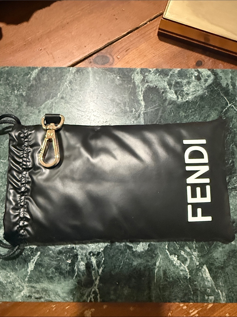 Fendi Black Nylon Drawstring Pouch with Gold-Tone Hook